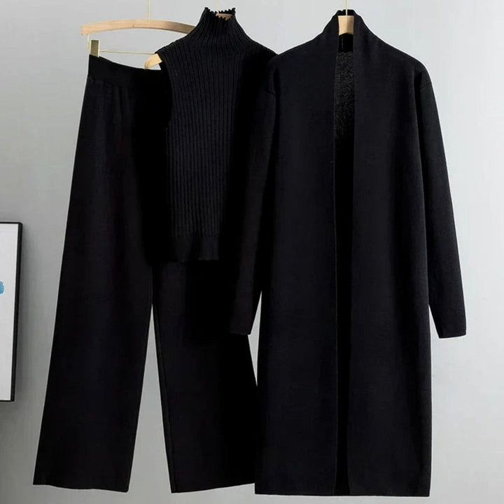 Women's Three-Piece Cardigan Wide-Leg Pants Ribbed Knit Set - Black