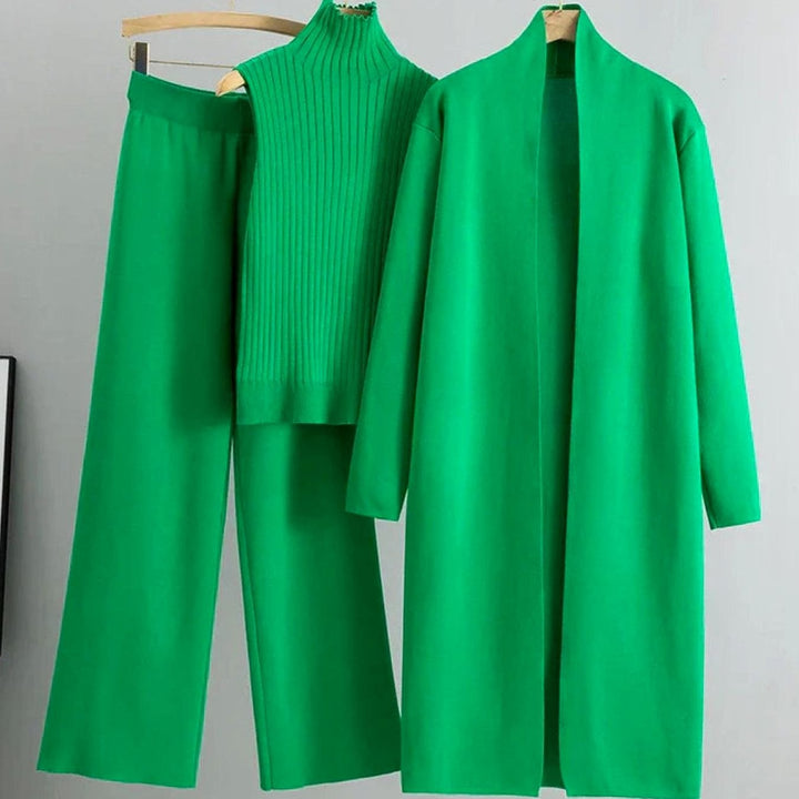 Women's Three-Piece Cardigan Wide-Leg Pants Ribbed Knit Set - Green