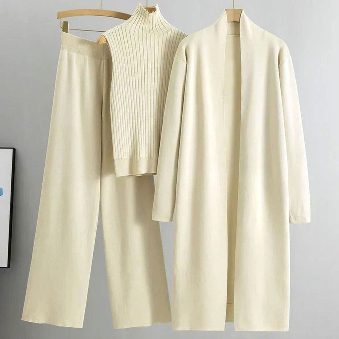 Women's Three-Piece Cardigan Wide-Leg Pants Ribbed Knit Set - Beige