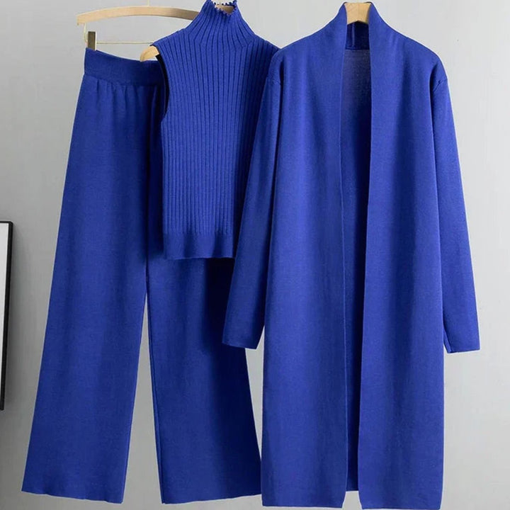 Women's Three-Piece Cardigan Wide-Leg Pants Ribbed Knit Set - Blue