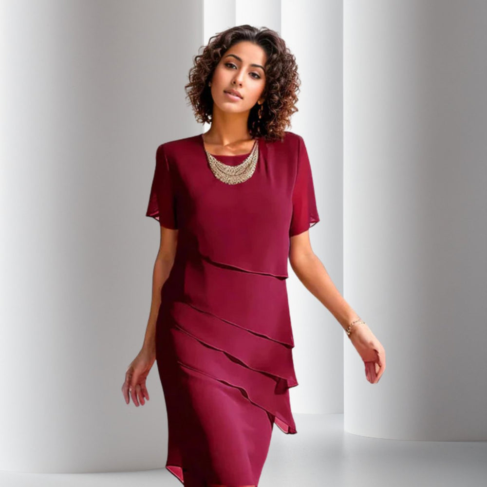Women's Tiered Chiffon Midi Cocktail Party Dress Short Sleeve - Red