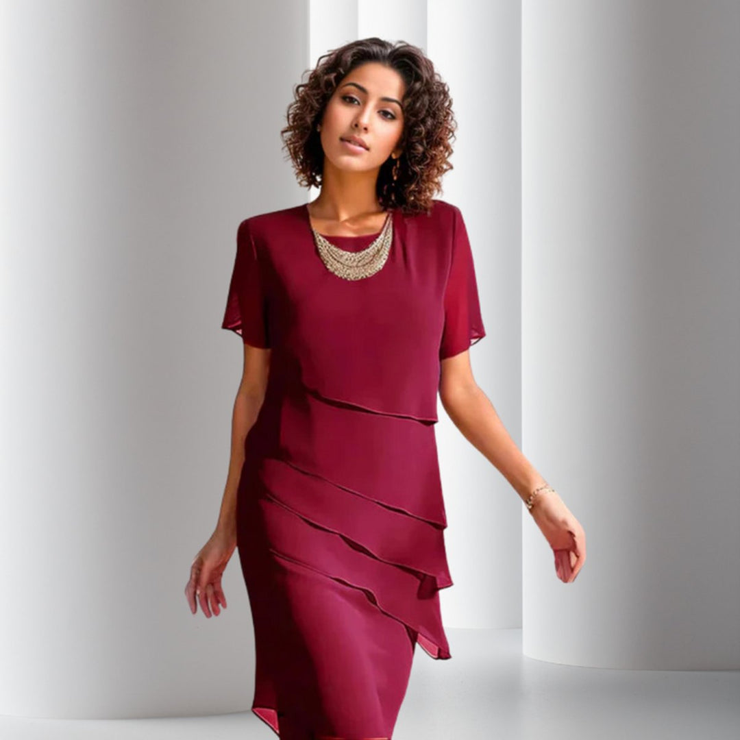 Women's Tiered Chiffon Midi Cocktail Party Dress Short Sleeve - Red