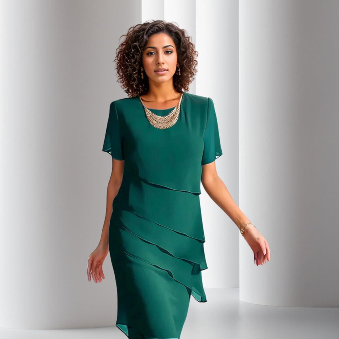 Women's Tiered Chiffon Midi Cocktail Party Dress Short Sleeve - Green