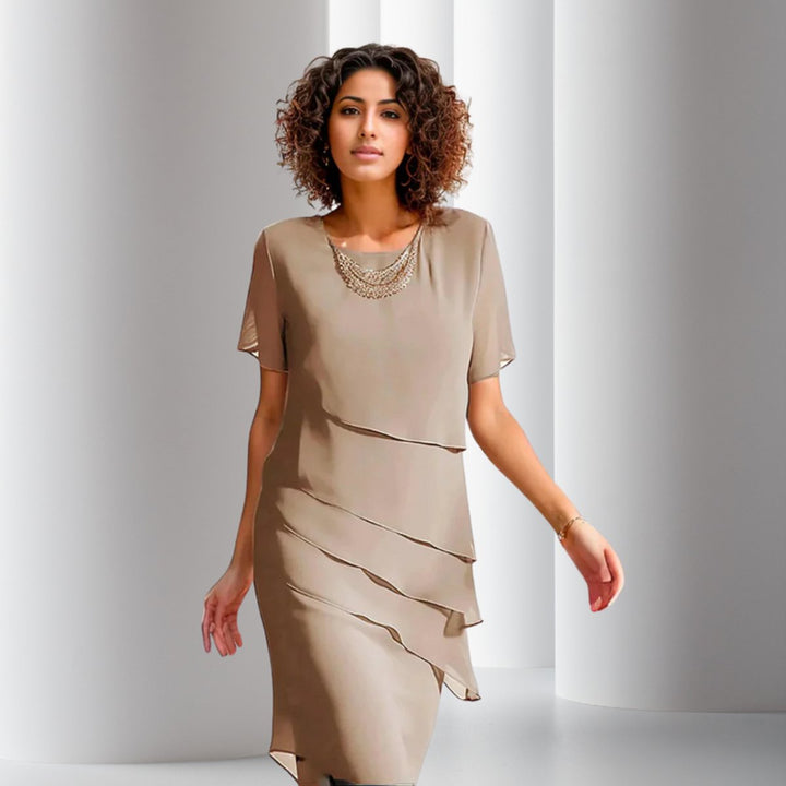 Women's Tiered Chiffon Midi Cocktail Party Dress Short Sleeve - Khaki