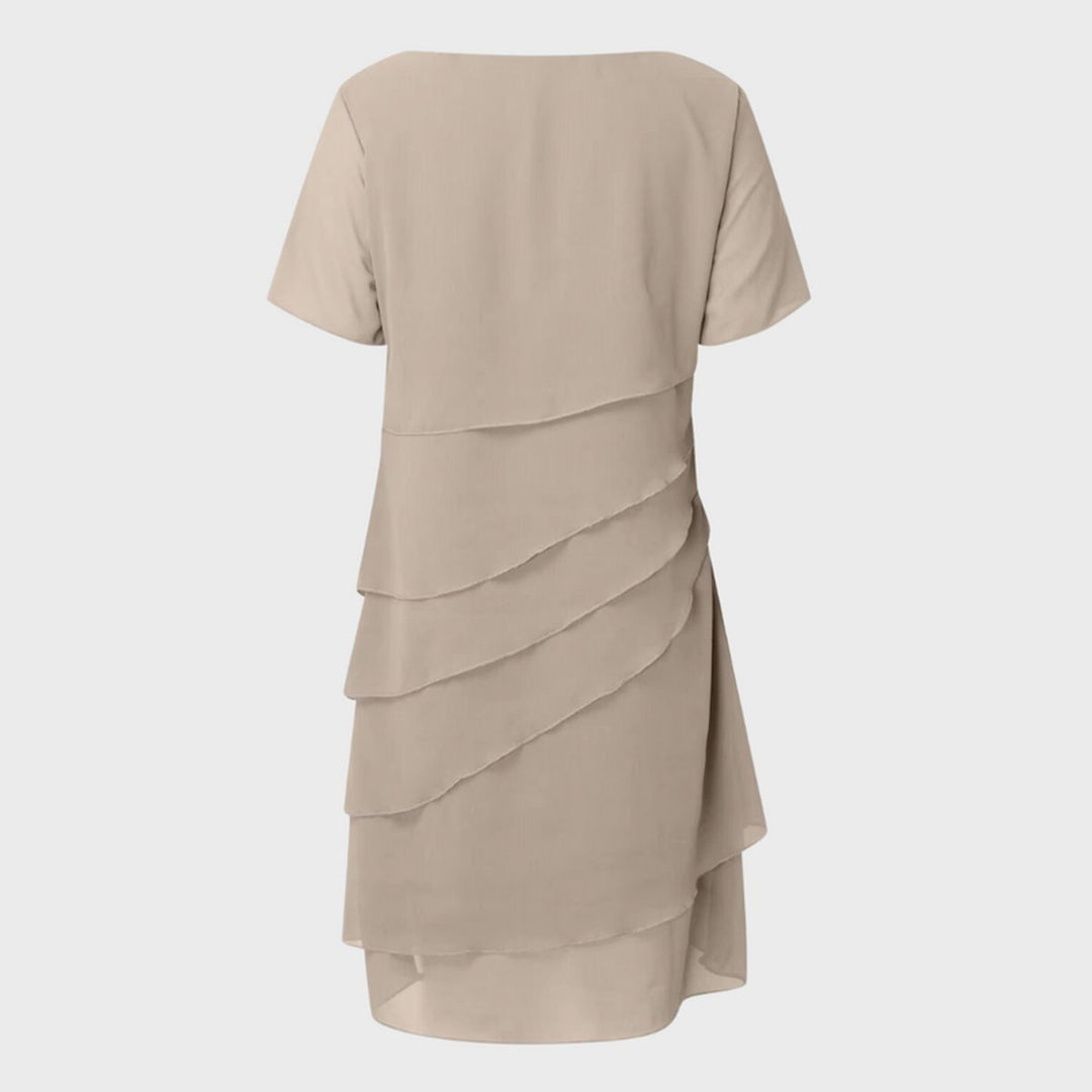 Women's Tiered Chiffon Midi Cocktail Party Dress Short Sleeve
