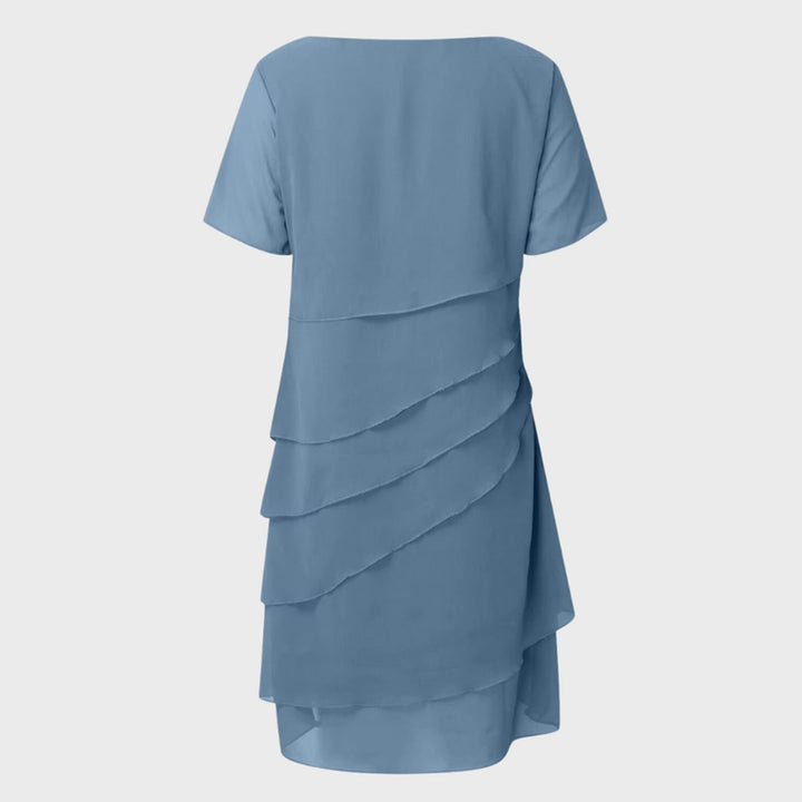 Women's Tiered Chiffon Midi Cocktail Party Dress Short Sleeve