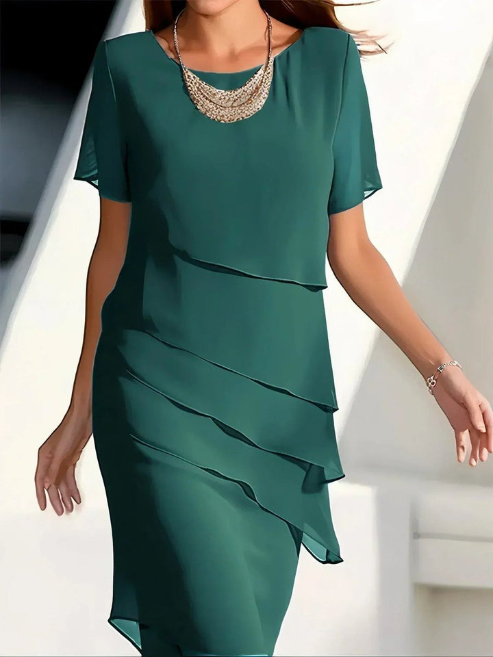 Women's Tiered Chiffon Short Sleeve Cocktail Dress - Green