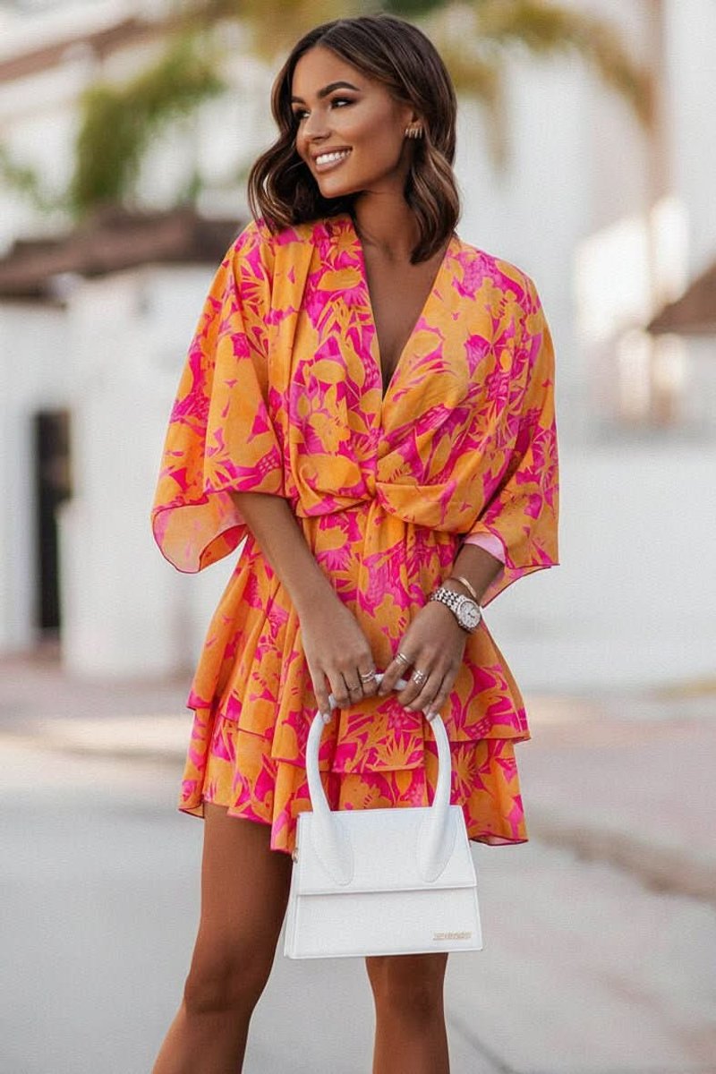 Women's Tropical-Print Tiered Ruffle Mini Cocktail Dress - Orange
