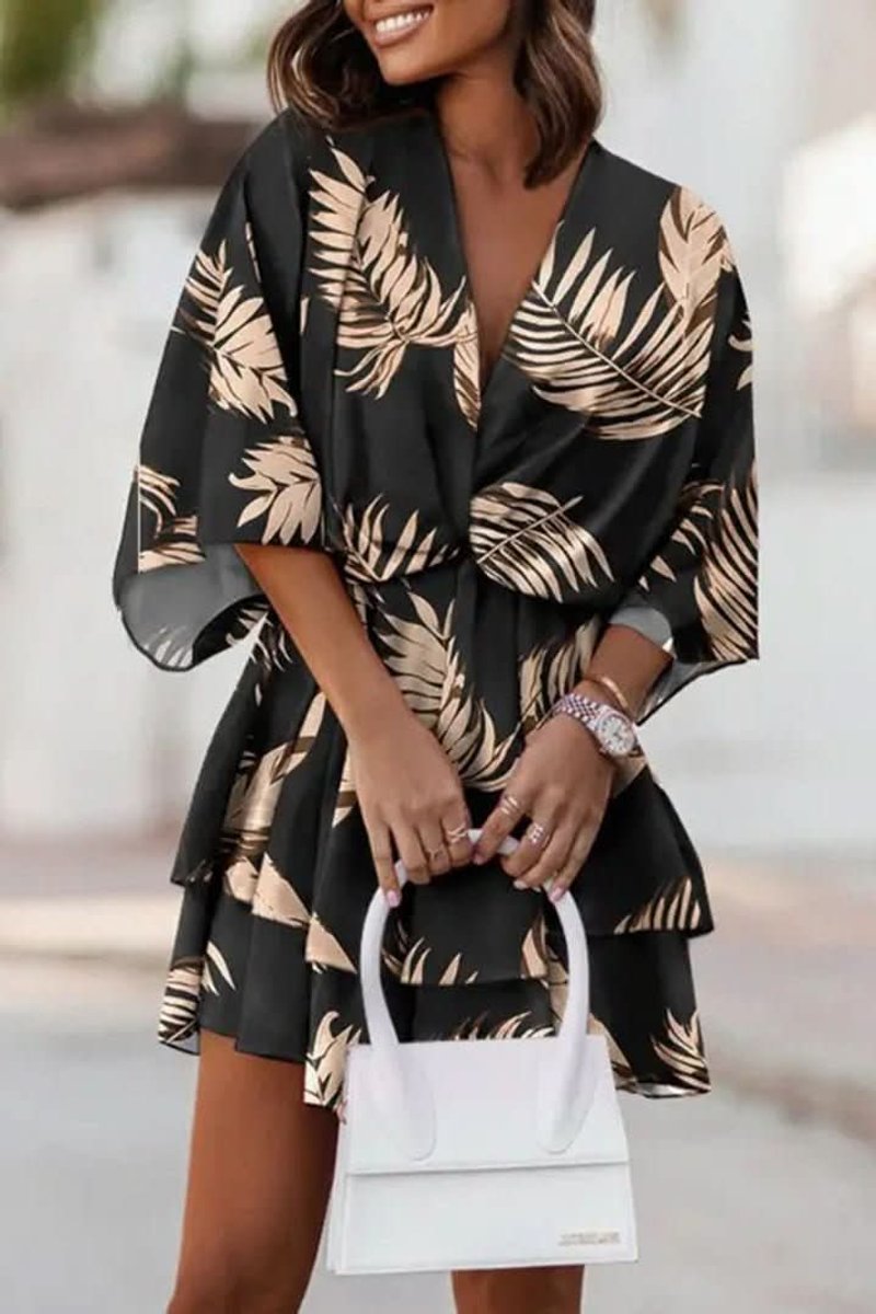 Women's Tropical-Print Tiered Ruffle Mini Cocktail Dress - Black