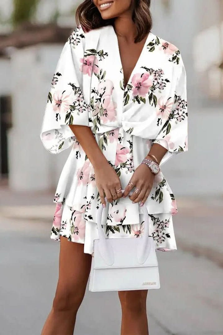 Women's Tropical-Print Tiered Ruffle Mini Cocktail Dress - White