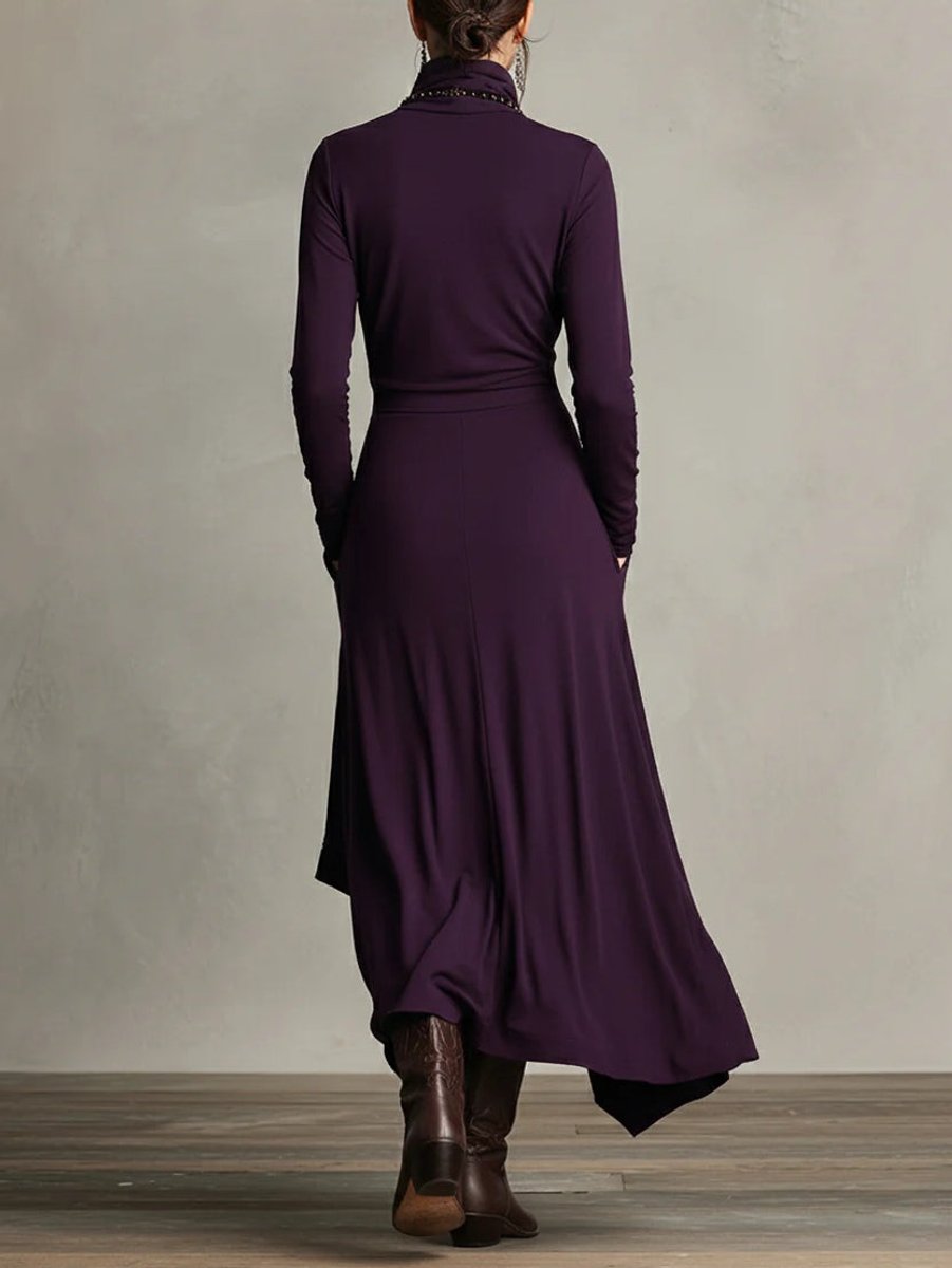 Women's Turtleneck Asymmetric Hem Flowy Long Sleeve Dress