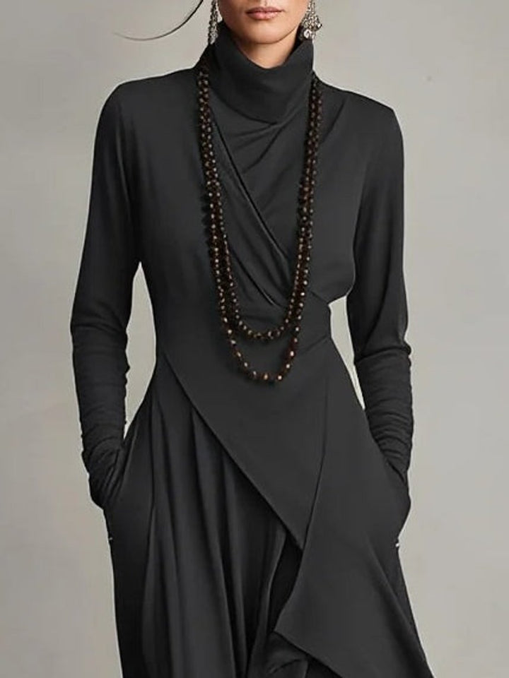 Women's Turtleneck Asymmetric Hem Flowy Long Sleeve Dress