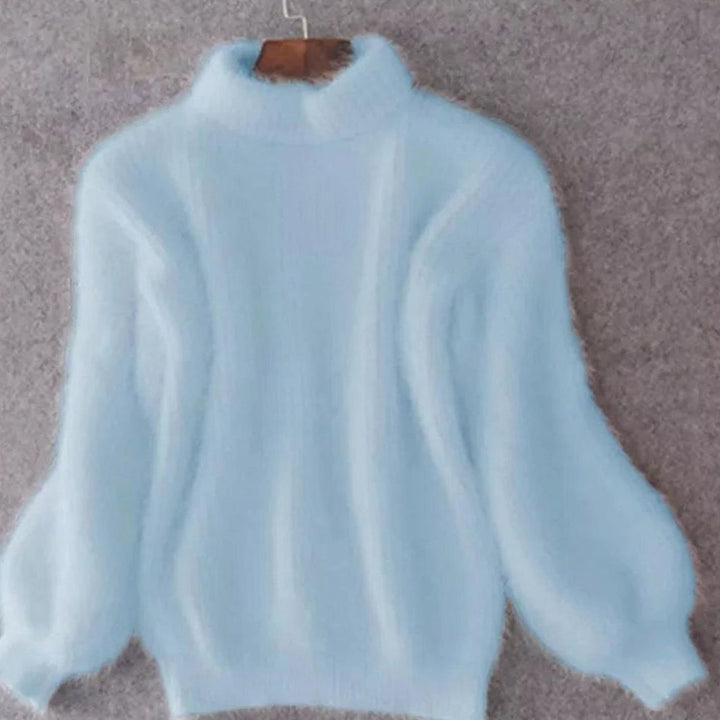 Women's Turtleneck Fluffy Angora Loose Knit Sweater - Blue
