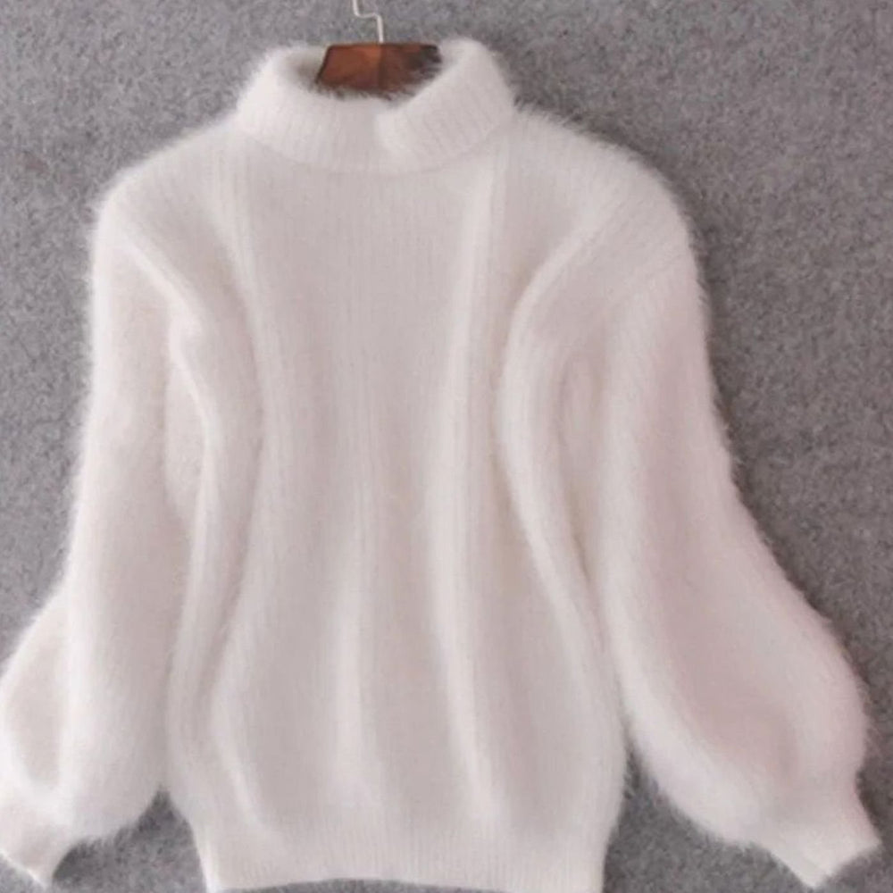 Women's Turtleneck Fluffy Angora Loose Knit Sweater - White