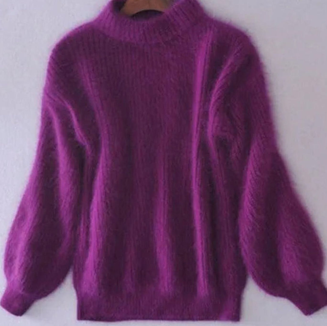Women's Turtleneck Fluffy Angora Loose Knit Sweater - Purple