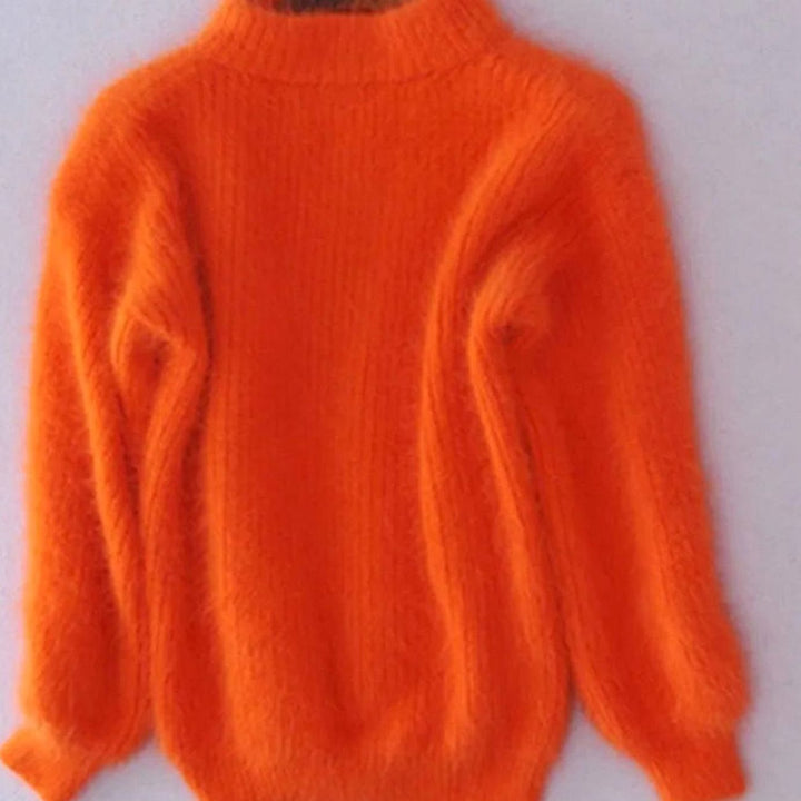 Women's Turtleneck Fluffy Angora Loose Knit Sweater - Orange