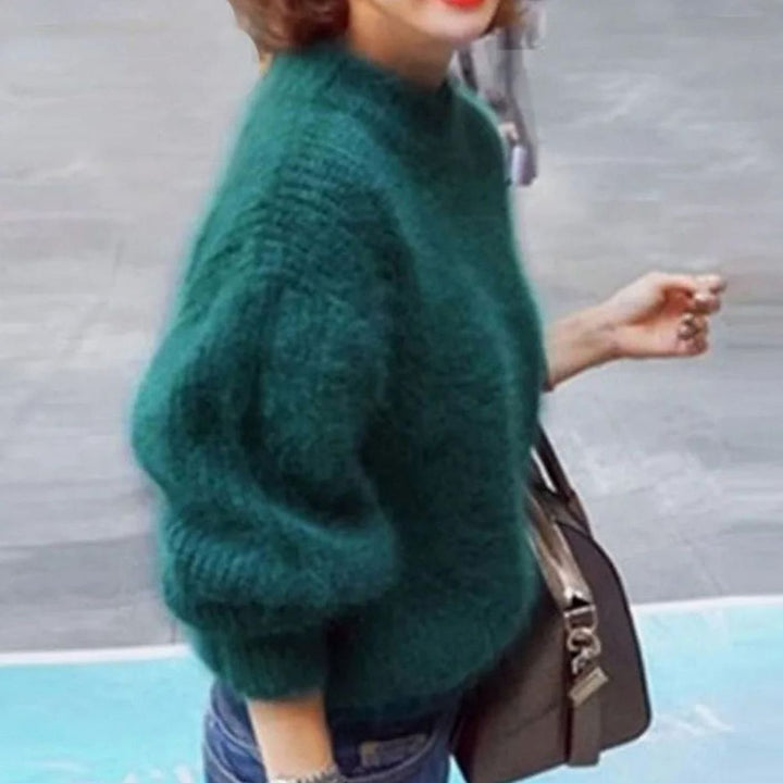 Women's Turtleneck Fluffy Angora Loose Knit Sweater - Green
