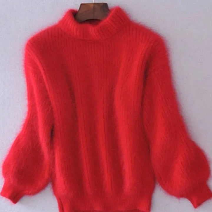 Women's Turtleneck Fluffy Angora Loose Knit Sweater - Red