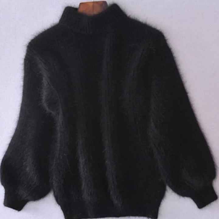 Women's Turtleneck Fluffy Angora Loose Knit Sweater - Black