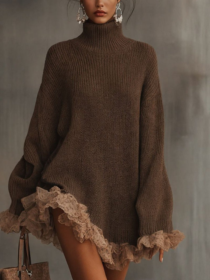 Women's Turtleneck Lace-Hem Knit Oversized Formal Dresses - Brown
