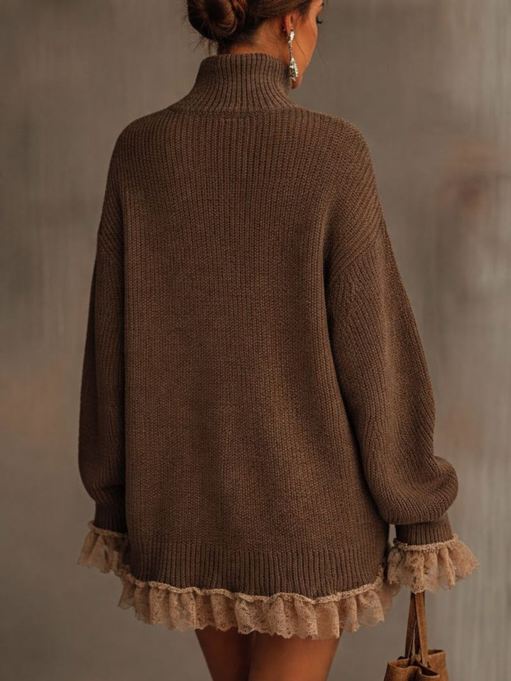 Women's Turtleneck Lace-Hem Knit Oversized Formal Dresses