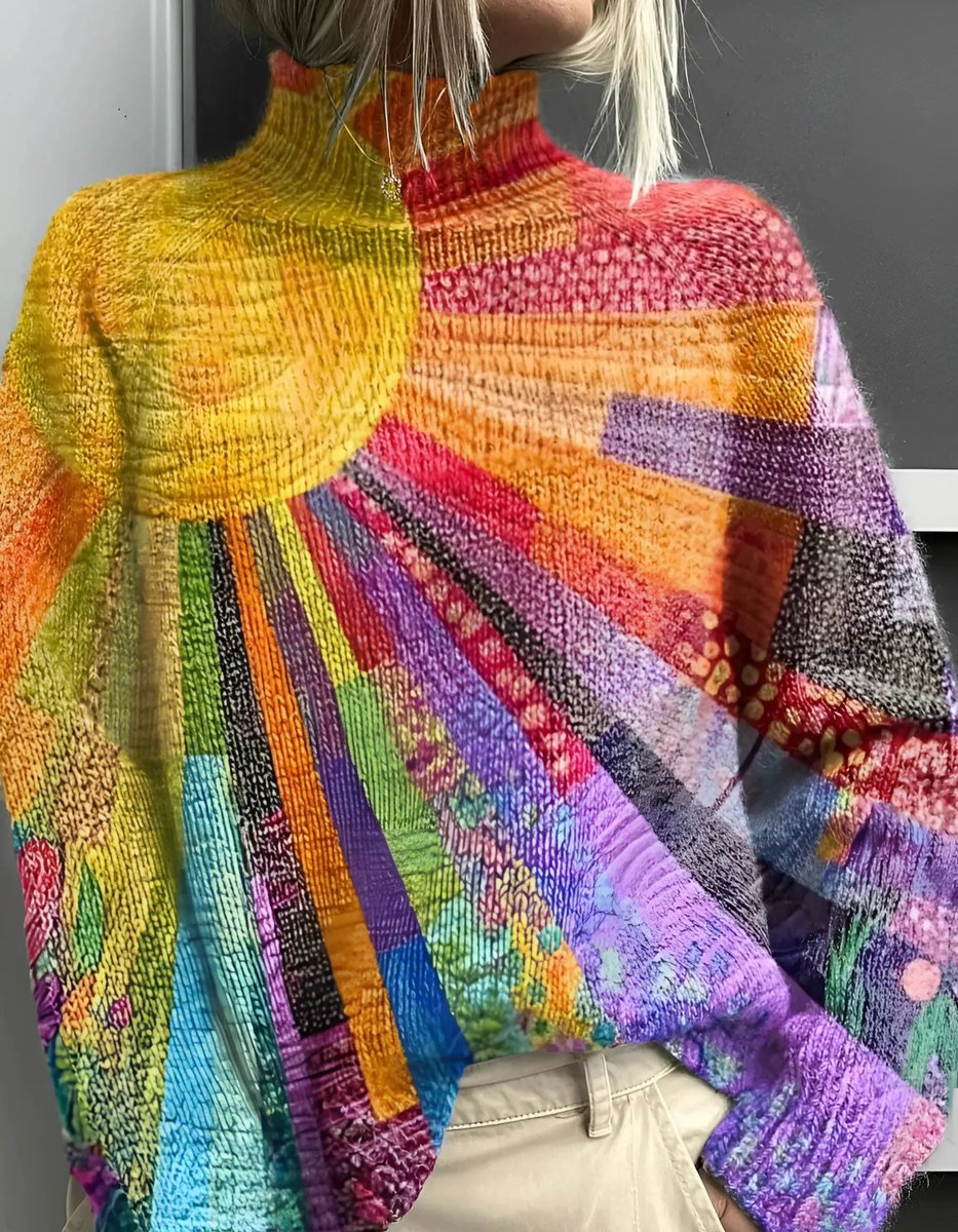 Women's Turtleneck Rainbow Colorblock Knit Sweater