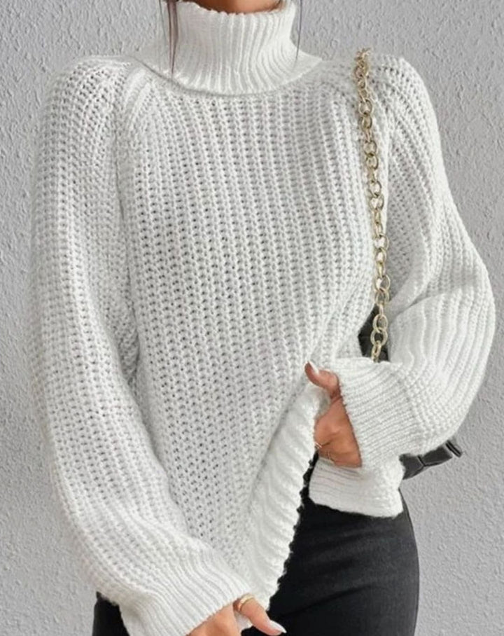 Women's Turtleneck Relaxed-Fit Ribbed Knit Sweater - White