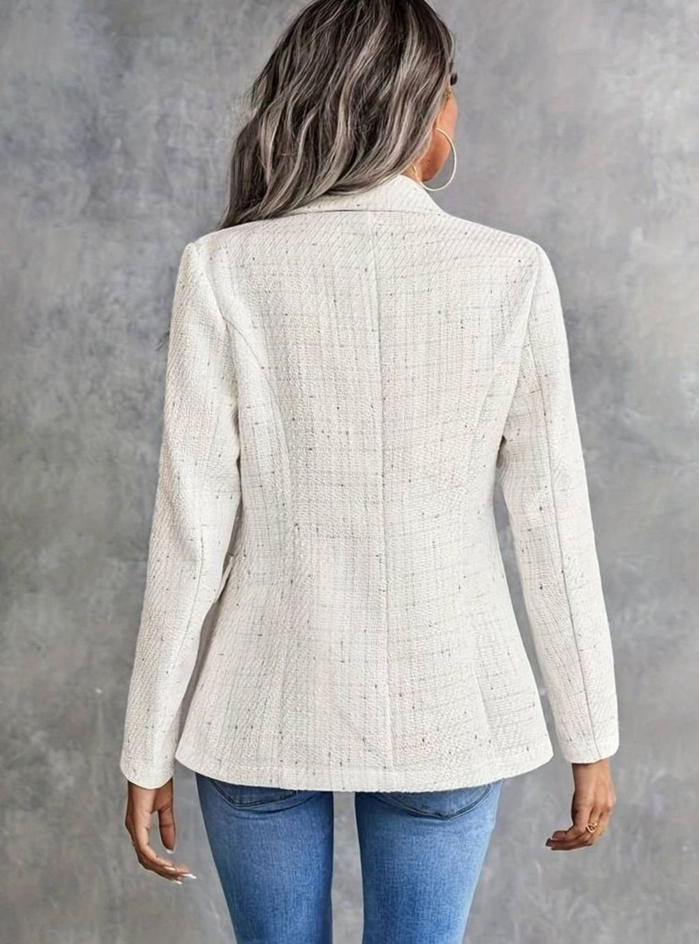 Women's Tweed Double-Breasted Blazer Structured Long-Sleeve Jacket