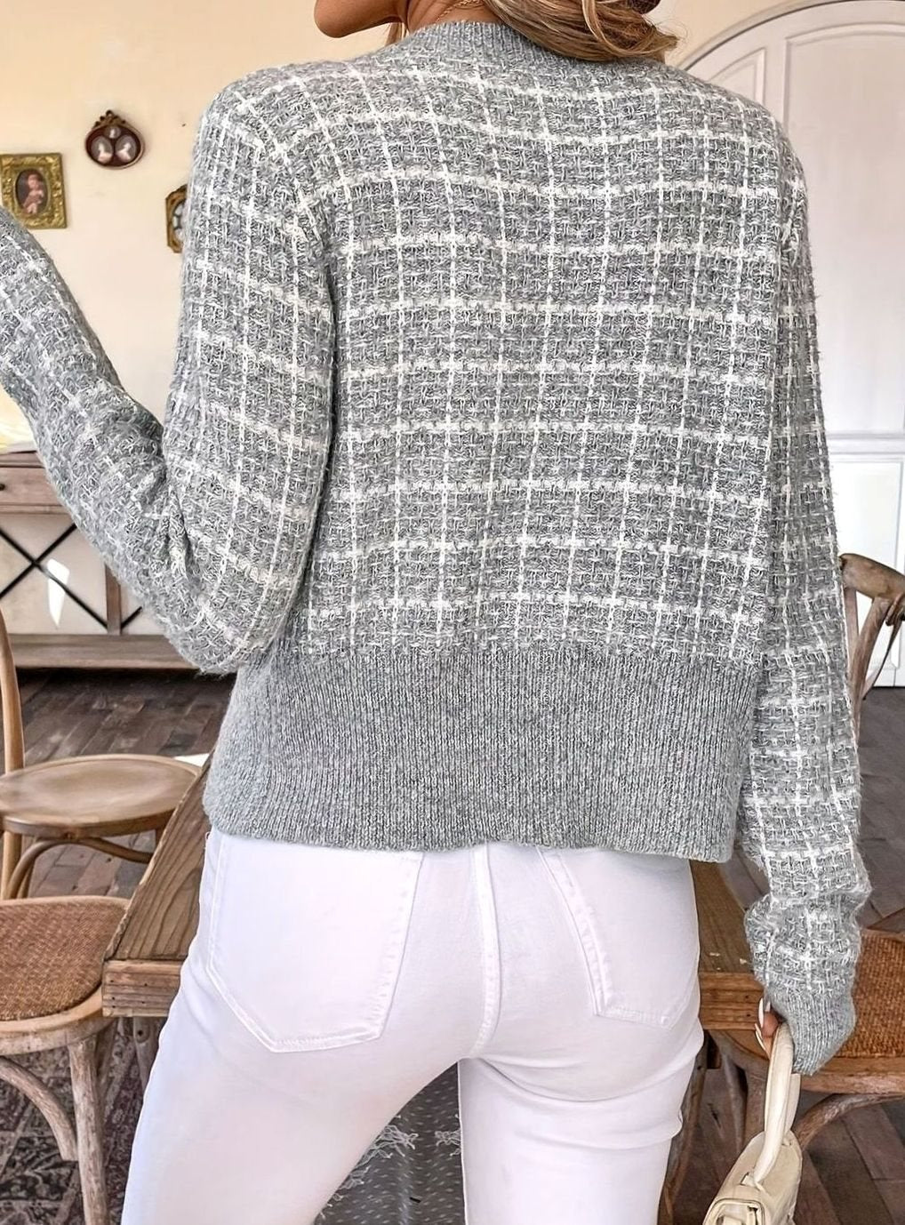 Women's Tweed-Inspired Button-Front Cropped Knit Cardigan