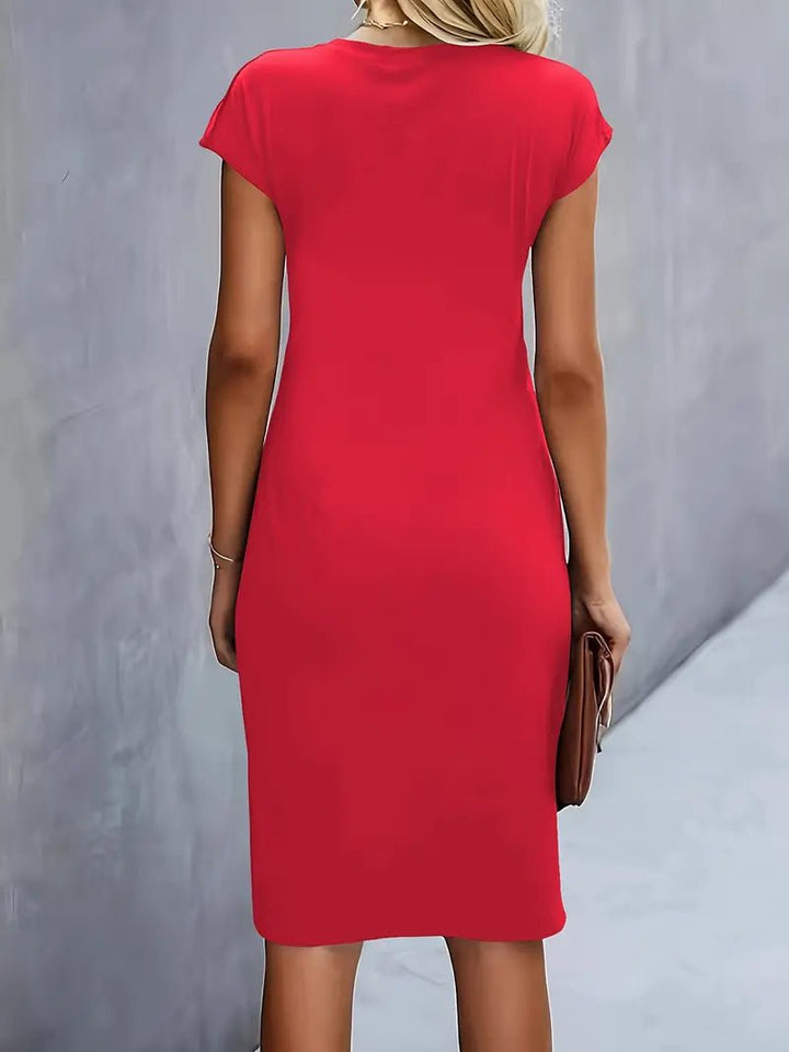 Women's Twist-Ruched Waist Cap Sleeve Bodycon Midi Dress