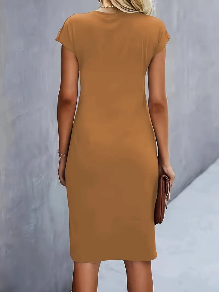 Women's Twist-Ruched Waist Cap Sleeve Bodycon Midi Dress