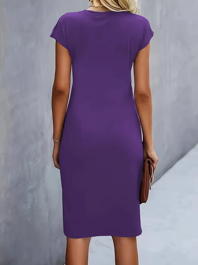 Women's Twist-Ruched Waist Cap Sleeve Bodycon Midi Dress