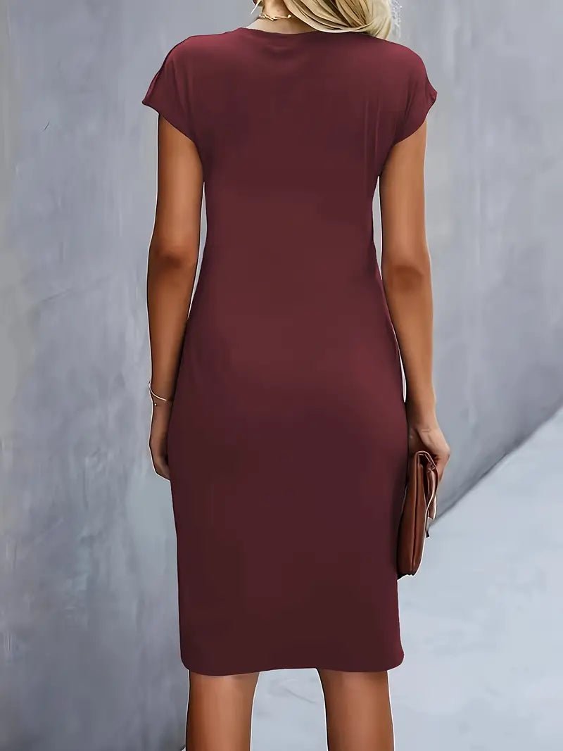 Women's Twist-Ruched Waist Cap Sleeve Bodycon Midi Dress