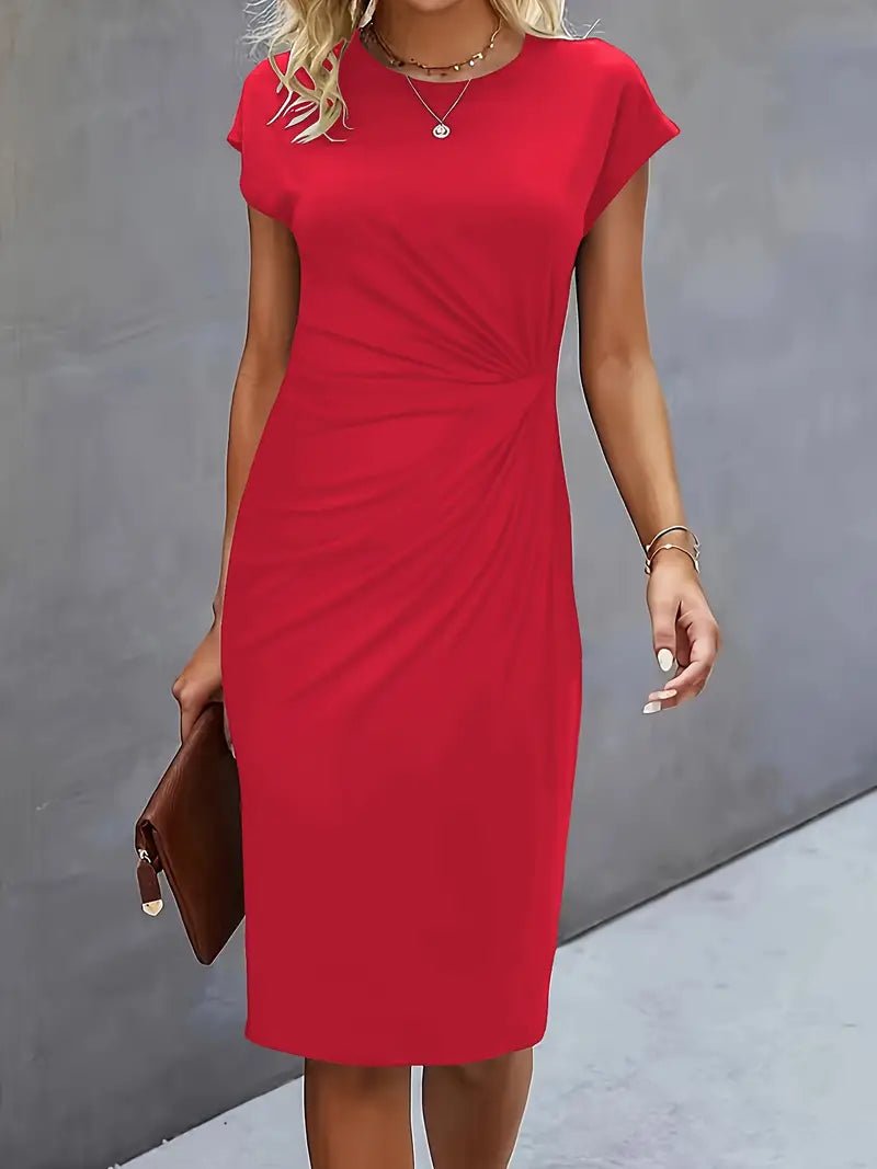 Women's Twist-Ruched Waist Cap Sleeve Bodycon Midi Dress - Red