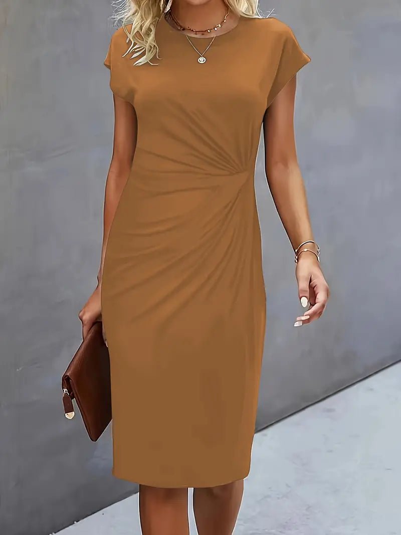 Women's Twist-Ruched Waist Cap Sleeve Bodycon Midi Dress - Khaki