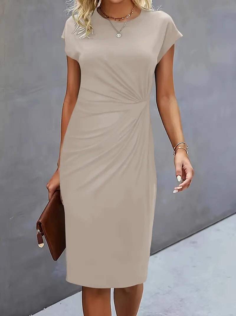 Women's Twist-Ruched Waist Cap Sleeve Bodycon Midi Dress - Beige
