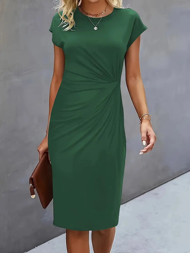 Women's Twist-Ruched Waist Cap Sleeve Bodycon Midi Dress - Dark Green