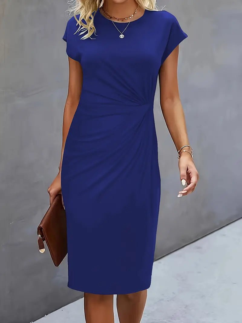 Women's Twist-Ruched Waist Cap Sleeve Bodycon Midi Dress - Navy Blue