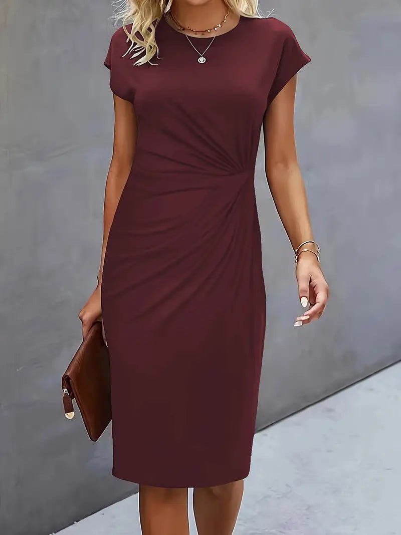 Women's Twist-Ruched Waist Cap Sleeve Bodycon Midi Dress - Wine Red
