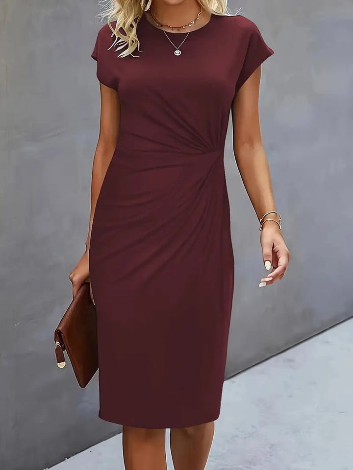 Women's Twist-Ruched Waist Cap Sleeve Bodycon Midi Dress - Wine Red
