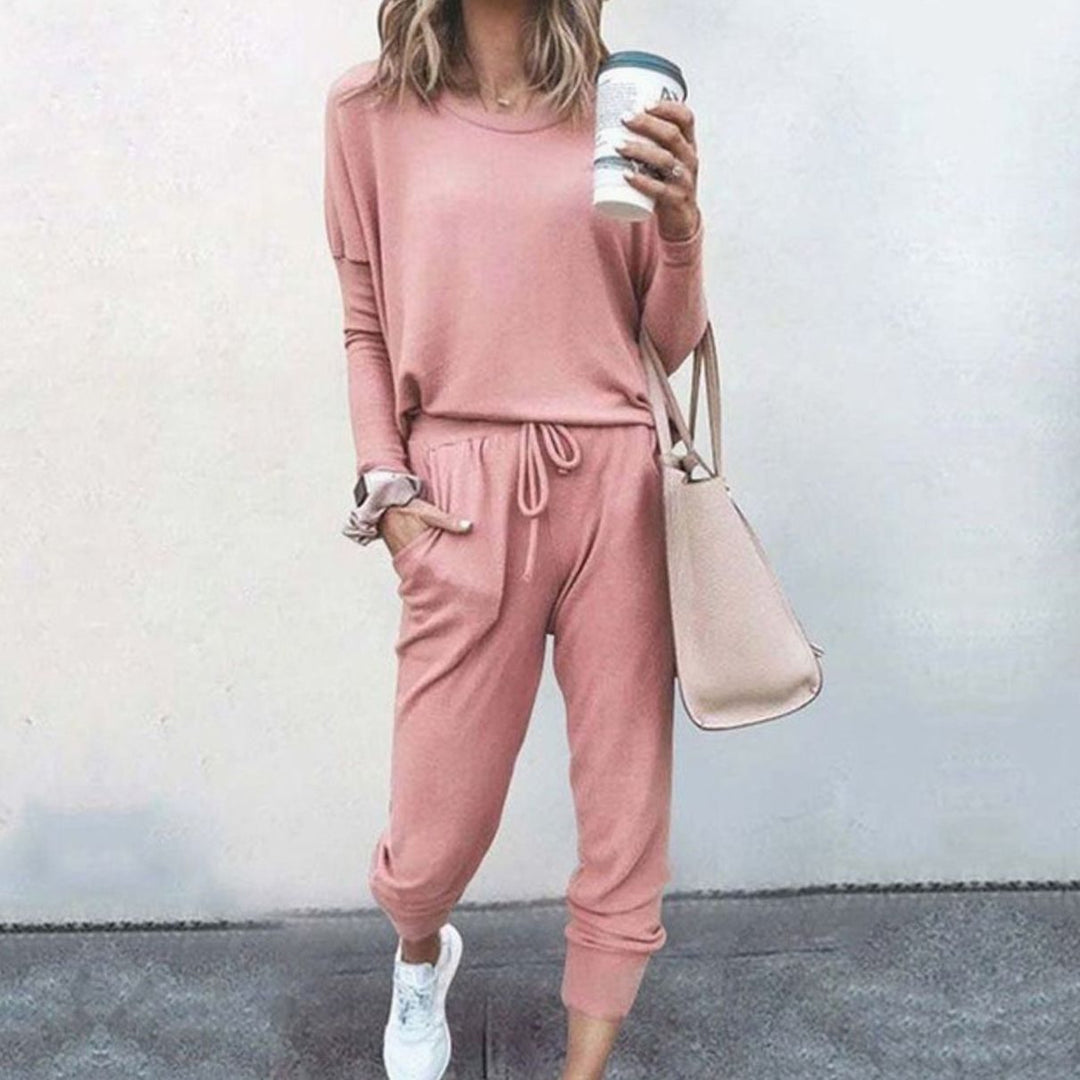 Women's Two-Piece Long-Sleeve Drawstring Jogger Loungewear Sets - Pink