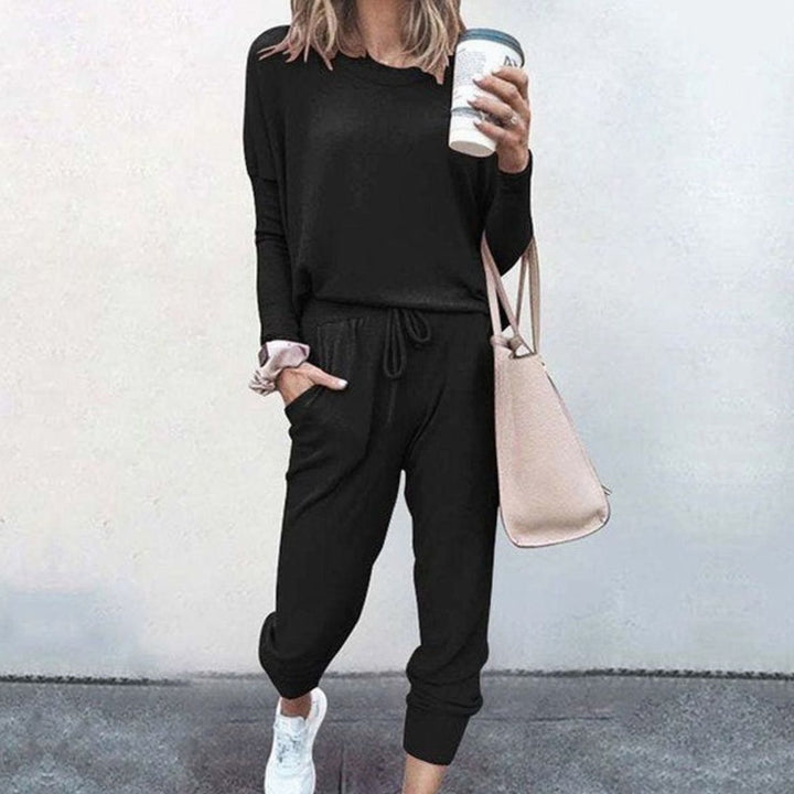 Women's Two-Piece Long-Sleeve Drawstring Jogger Loungewear Sets - Black