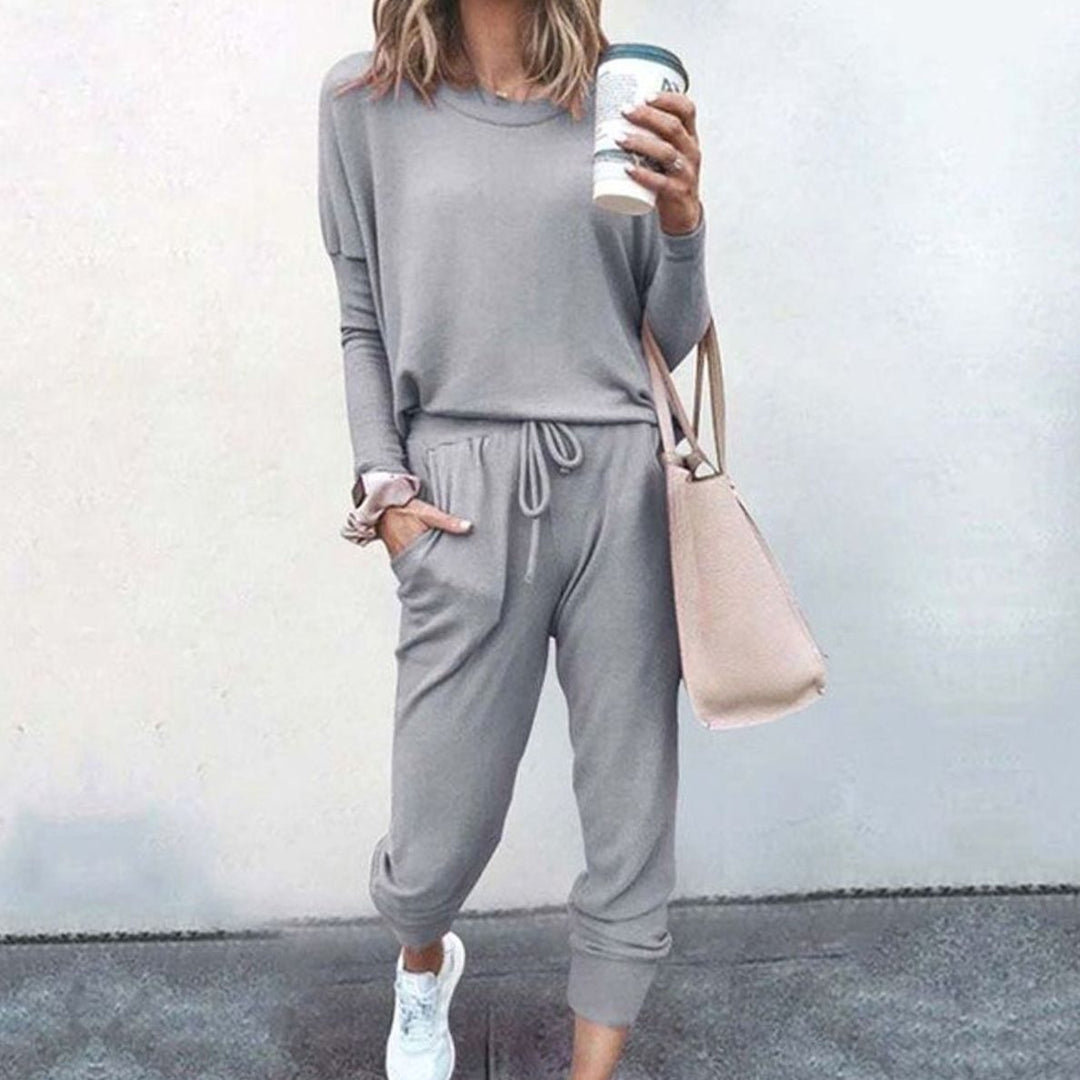 Women's Two-Piece Long-Sleeve Drawstring Jogger Loungewear Sets - Grey