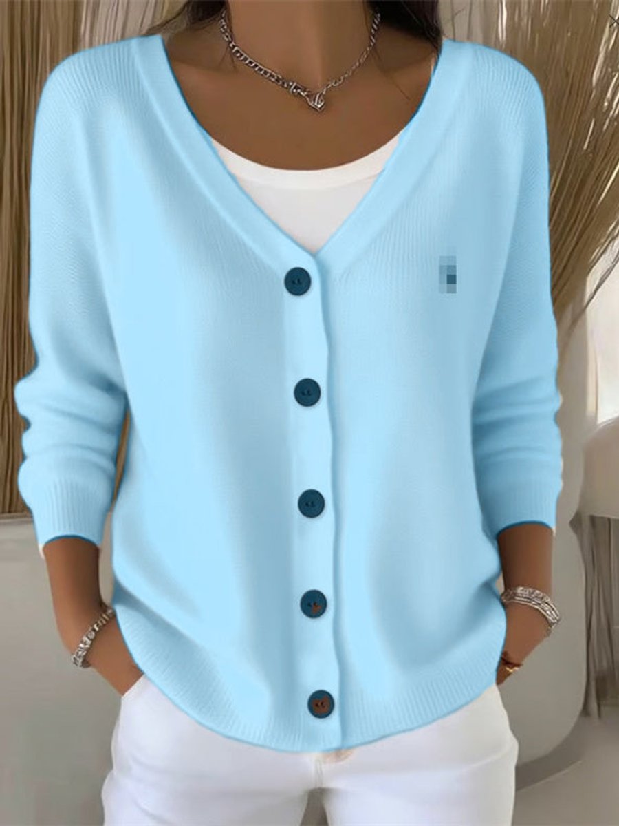 Women's V-Neck Button-Front Long Sleeve Knit Sweater - Blue
