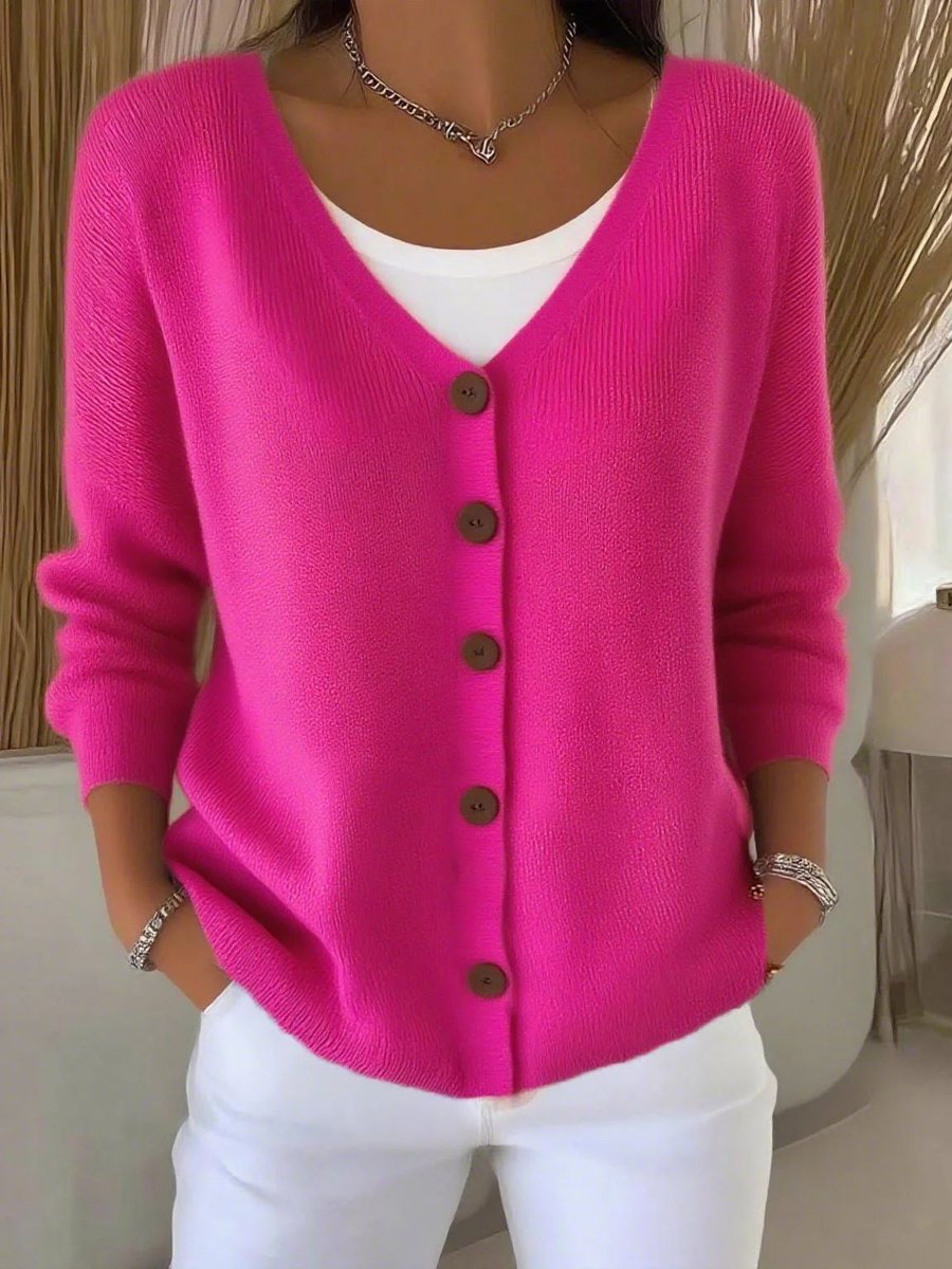 Women's V-Neck Button-Front Long Sleeve Knit Sweater - Rose Red