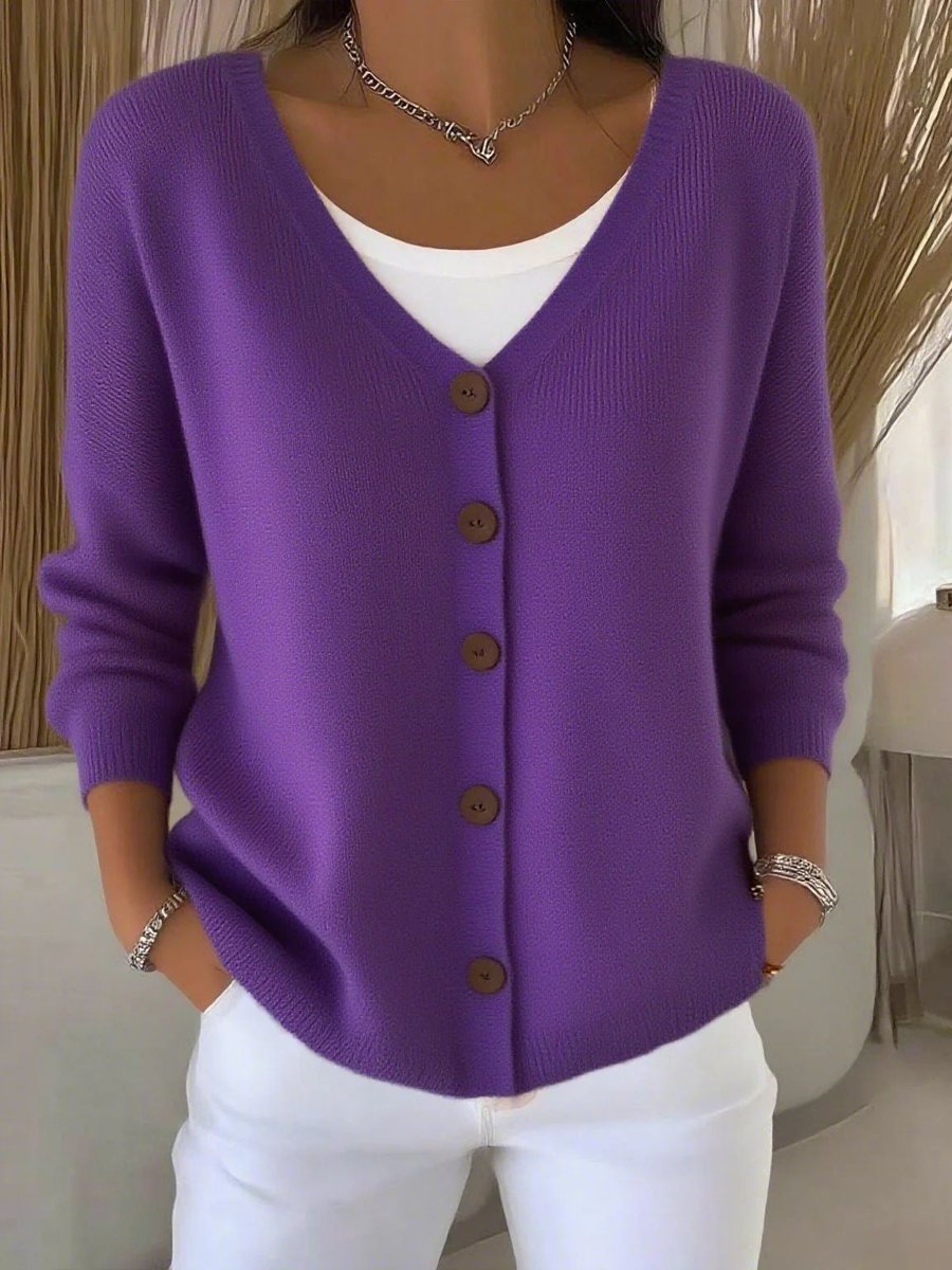 Women's V-Neck Button-Front Long Sleeve Knit Sweater - Purple