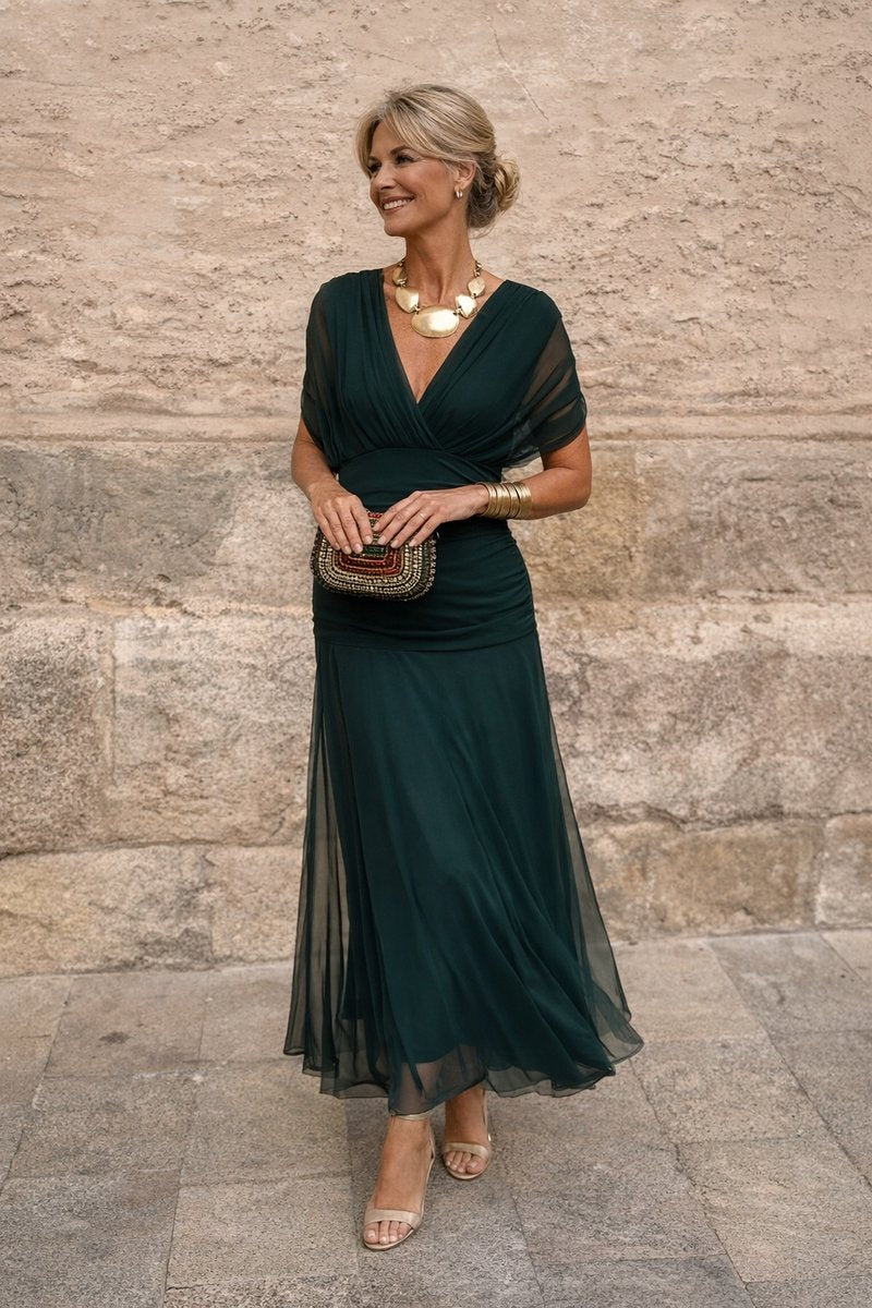 Women's V-Neck Chiffon Cocktail Party Dress Elegant Maxi - Bottle Green