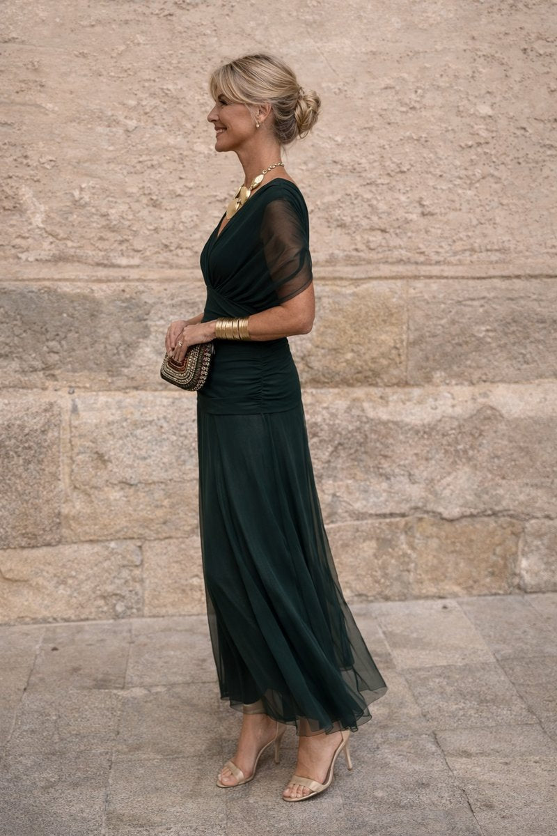 Women's V-Neck Chiffon Cocktail Party Dress Elegant Maxi