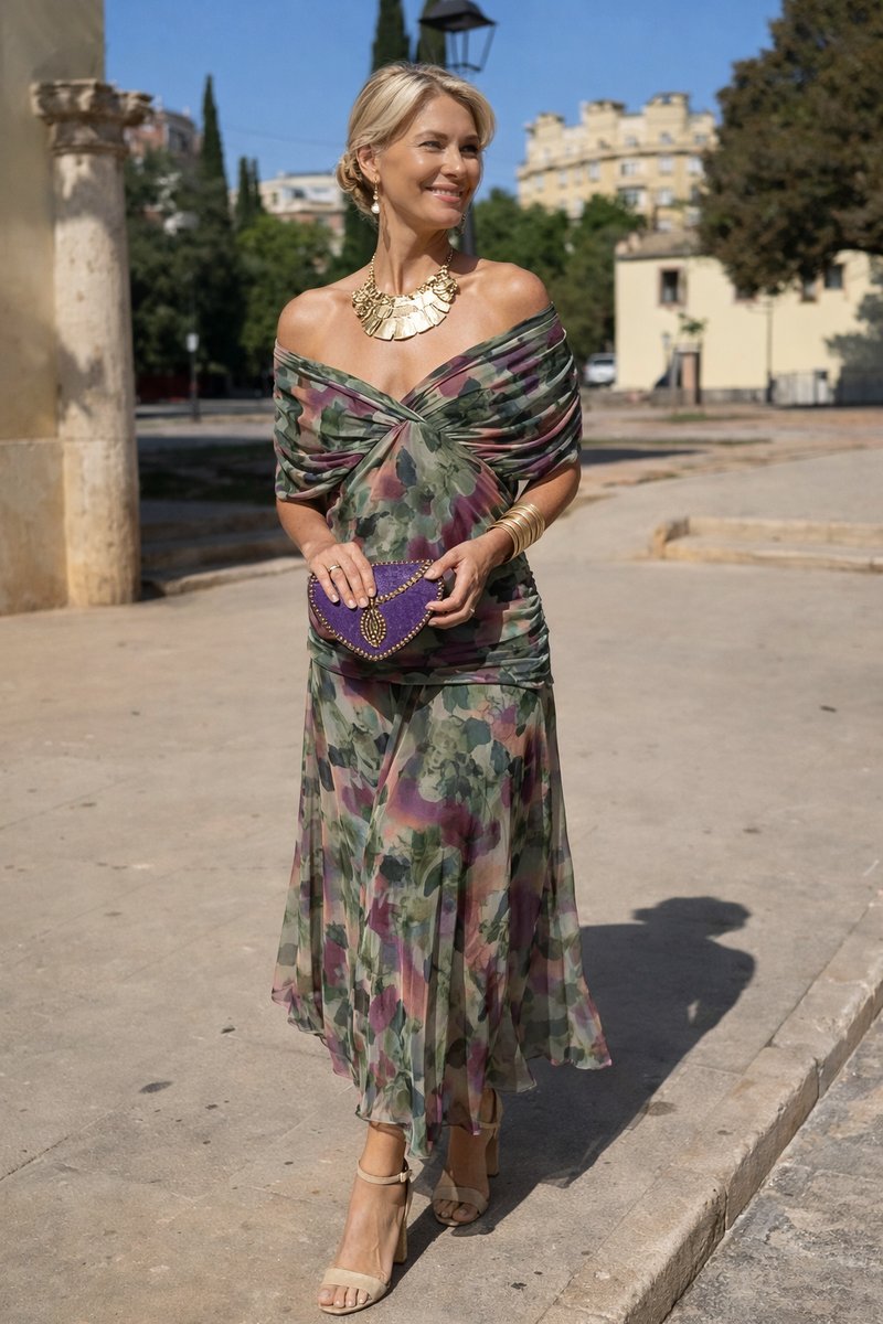 Women's V-Neck Chiffon Cocktail Party Dress Elegant Maxi - Floral Bouquet