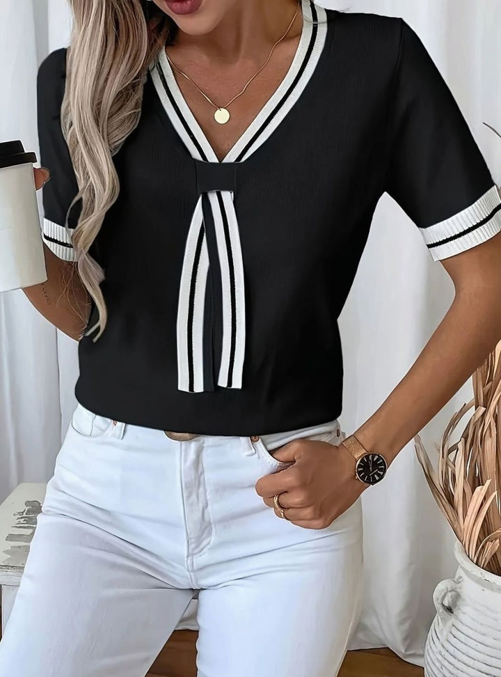 Women's V-Neck Contrast-Trim Short-Sleeve Knit Pullover Top - Black